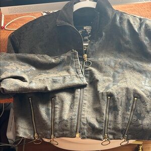 Camo  Zip-Front Bomber Jacket in Black/brown with gold zippers.. very unique!